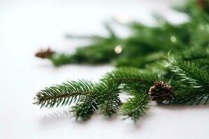 ai généré Noël arbre branches avec pin cônes sur blanc Contexte photo