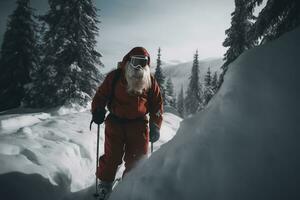 ai généré Père Noël claus ski dans le neige photo