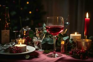 ai généré une table réglage avec du vin des lunettes et bougies photo