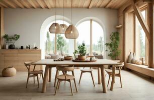 ai généré Facile minimaliste à manger table fabriqué de bois. médiéval scandinave maison intérieur conception de moderne vivant chambre. photo