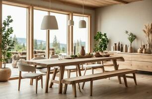 ai généré Facile minimaliste à manger table fabriqué de bois. médiéval scandinave maison intérieur conception de moderne vivant chambre. photo