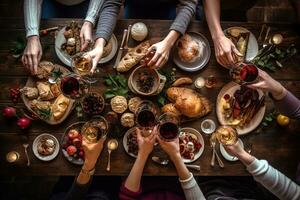 ai généré une groupe de gens grillage à une table avec nourriture et du vin photo