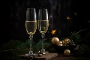ai généré deux des lunettes de Champagne sur une en bois table avec Noël décorations photo