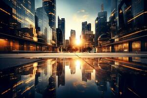 ai généré portrait de affaires ville centre avec lentille éclater effet. verre réflexion de grand bâtiments, grand bâtiments dans Urbain domaines. flou lumière du soleil brille à travers. génératif ai photo