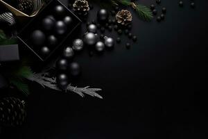 ai généré Noël décorations sur une noir Contexte photo