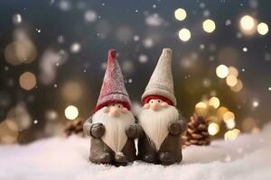 ai généré deux gnomes permanent dans le neige avec lumières photo