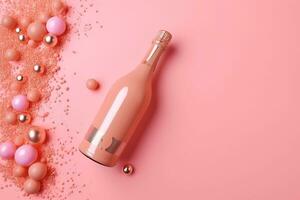 ai généré une bouteille de Champagne entouré par rose confettis photo