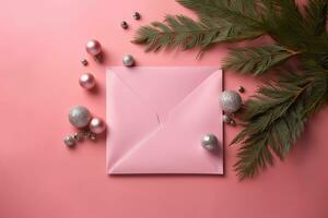 ai généré un enveloppe avec Noël décorations sur une rose Contexte photo