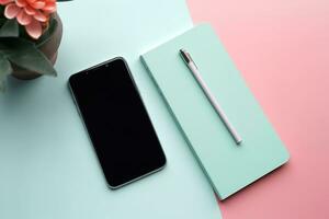 ai généré une téléphone intelligent, carnet et stylo sur une rose et bleu Contexte photo