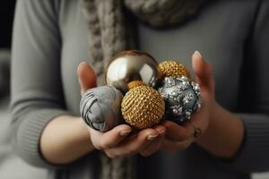 ai généré une femme en portant une bouquet de or et argent Noël ornements photo