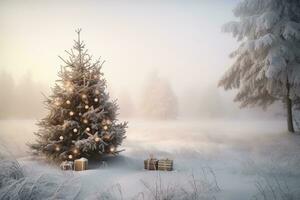 ai généré Noël arbre dans une neigeux champ avec présente photo