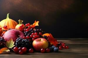 ai généré l'automne des fruits et des légumes sur une en bois table photo