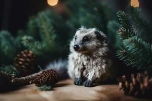 ai généré une farci animal séance sur une table avec pin cônes photo