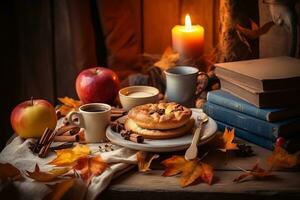 ai généré l'automne encore la vie avec pomme, café, livre et bougie photo