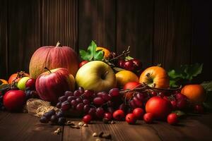 ai généré une pile de fruit et des légumes sur une en bois table photo