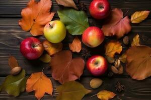 ai généré l'automne feuilles et pommes sur une en bois table photo