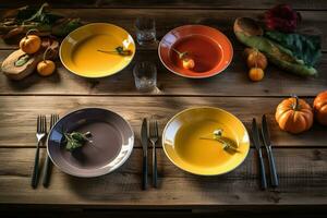 ai généré une table avec quatre coloré assiettes et une couteau et fourchette photo