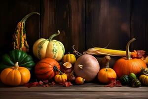 ai généré une groupe de citrouilles et gourdes sur une en bois table photo