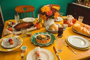 ai généré une table ensemble pour action de grâces avec une Turquie, citrouille, et autre nourriture photo