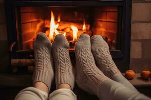 ai généré deux gens portant chaussettes et séance près une cheminée photo