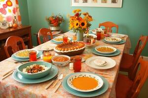 une table ensemble pour action de grâces dîner avec Orange et bleu couleurs photo