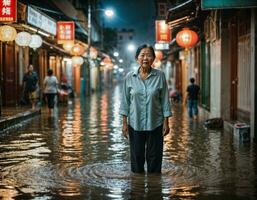 ai généré photo de Sénior asiatique femme pendant lourd pluie et inonder sur route à quartier chinois rue à nuit, génératif ai