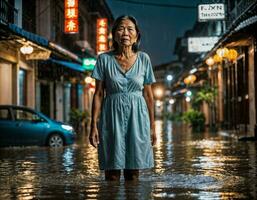 ai généré photo de Sénior asiatique femme pendant lourd pluie et inonder sur route à quartier chinois rue à nuit, génératif ai