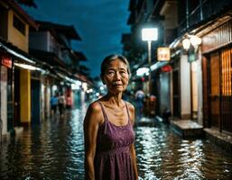 ai généré photo de Sénior asiatique femme pendant lourd pluie et inonder sur route à quartier chinois rue à nuit, génératif ai