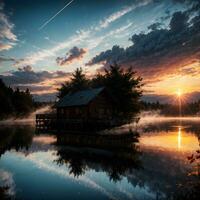 ai généré d'or heure éthéré rêveur Lac maison ai génératif photo