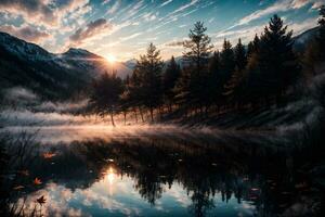 ai généré d'or heure éthéré rêveur Lac maison ai génératif photo