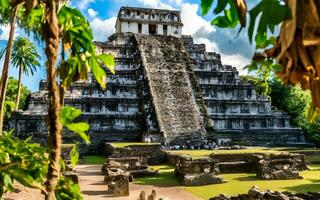 ai généré énigmatique des échos, ancien ruines au milieu de le verdoyant jungle majesté photo