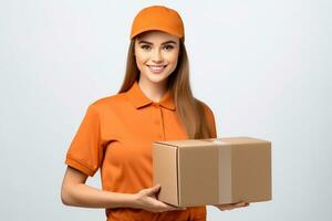 ai généré magnifique femme dans un Orange chemise en portant papier carton boîte, livraison un service photo