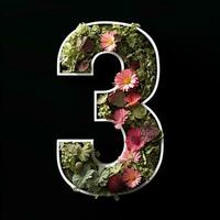 ai généré le nombre Trois est fabriqué de fleurs et feuilles sur une noir Contexte photo