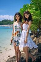 ai généré deux Japonais femmes dans Robes permanent sur le plage photo
