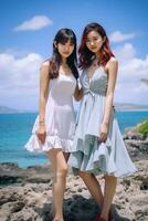 ai généré deux Japonais femmes dans Robes permanent sur le plage photo