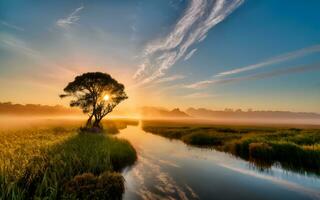 ai généré éthéré aube, une captivant lever du soleil couverture une chargé de brume marais dans radiant teintes photo