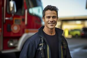 ai généré portrait de Masculin sapeur pompier souriant dans de face de Feu un camion bokeh style Contexte photo