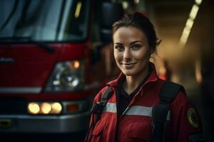 ai généré portrait de femelle sapeur pompier souriant dans de face de Feu un camion bokeh style Contexte photo