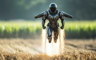 ai généré une la personne portant une jet costume mouches au dessus le sol dans le rural riz des champs personnel aviation La technologie photo