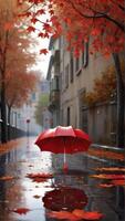 ai généré paysage urbain avec rouge parapluie reflétant dans humide chaussée sur pluvieux l'automne journée photo