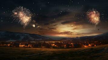 ai généré panoramique vue de campagne avec feux d'artifice accueillant Nouveau année veille photo