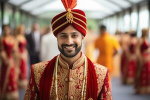 ai généré une Indien jeune marié portant traditionnel jeune marié tenue souriant à le caméra bokeh style Contexte photo