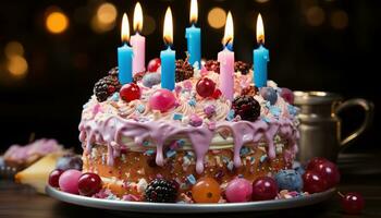 ai généré anniversaire gâteau avec coloré bougies. établi avec génératif ai photo