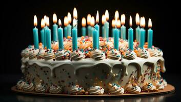 ai généré anniversaire gâteau avec coloré bougies. établi avec génératif ai photo