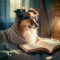 photo de une mignonne chien avec des lunettes en train de lire une livre ai génératif