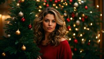 photo de une magnifique femme dans une Noël arbre avec Noël des arbres derrière sa ai généré