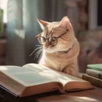 photo de une magnifique chat avec des lunettes en train de lire une livre ai génératif