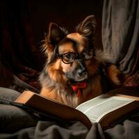 photo de une mignonne chien avec des lunettes en train de lire une livre ai génératif