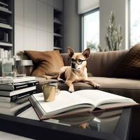 photo de une mignonne chien avec des lunettes en train de lire une livre ai génératif