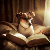 photo de une mignonne chien avec des lunettes en train de lire une livre ai génératif